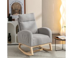 Schommelstoel, modern, mid-century, bekleed met teddy stof, gestoffeerde zitting voor woonkamer en slaapkamer, lichtgrijs