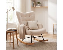 Schommelstoel - Relaxfauteuil met Armleuningen en Hoge Rugleuning - Teddy Stof - Metalen en Houten Poten - Moderne Stijl - Beige