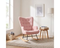 Schommelstoel - Relaxfauteuil met Armleuningen en Hoge Rugleuning - Teddy Stof - Metalen en Houten Poten - Moderne Stijl - Roze