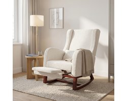 Schommelstoel - Relaxfauteuil met Opklapbare Voetensteun - Teddy Stof - Massief Houten Poten - Modern - Wit