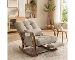 Schommelstoel - Relaxstoel - Babykamer - Fauteuil - Ergonomisch - Verstelbare rugleuning - Met zijzakken - Met voetpedaal - Met lendensteun - Houten stoelpoten - Modern design - Stof - Kaki