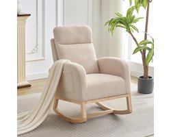 Schommelstoel - Relaxstoel babykamer - Fauteuil - Voedingsstoel - Scandinavische stijl, gewatteerde rugleuning, massief houten poten - Beige