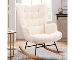 Schommelstoel, Relaxstoel babykamer, verzorgingsstoel, fauteuil, Scandinavische stijl, poten van metaal en massief hout, Teddy, beige