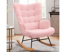 Schommelstoel, Relaxstoel babykamer, verzorgingsstoel, fauteuil, Scandinavische stijl, poten van metaal en massief hout, Teddy, Roze