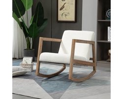 Schommelstoel – Relaxstoel – Fauteuil – Loungestoel – Schommelbank – Rubberen Houten Frame – Zacht Bekleed Zitkussen – Crème Wit – 60 x 81 x 71 cm