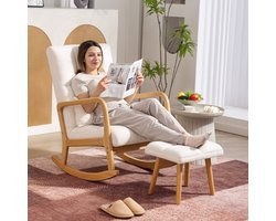 Schommelstoel – Relaxstoel – Fauteuil – Voedingsstoel – Loungestoel – Fleece Bekleding – Hoogte Rugleuning – Stevig Rubberwood Met Antislip Voetbescherming