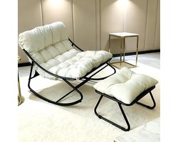 Schommelstoel – Relaxstoel – Schommelstoel met Kruk – Woonkamerstoel – Leesstoel – Wit – Roestvrij Stalen Frame – Waterafstotend Zitkussen 11 cm