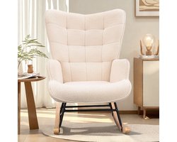 Schommelstoel, schommelstoel met Berber fleece-look, armleuningen, gewatteerde stoel met houten poten, relaxstoel voor woonkamer en slaapkamer, maximaal draagvermogen 120 kg, beige