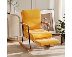 Schommelstoel, Schommelstoel met fluwelen look, Armleuning, Gevoerde stoel met voetensteun en houten glijders, Relaxstoel voor woonkamer, Slaapkamer, Maximale belasting 120 kg, Geel fluweel