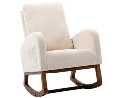 Schommelstoel – Schommelstoel Met Kussen – Relaxstoel – Houten Stoel – Ergonomisch Ontwerp – Hoog Rugleuning – Linnen Kussen - 68.98 x 94 x 100.84 cm - Beige