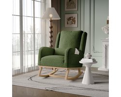 Schommelstoel - Schommelstoelen babykamer, Relaxstoel babykamer, fauteuil, Voedingsstoel, Verdikte kussens, zijvakken, antislip voetjes van massief hout, Sherpa fleece stof - donkergroen