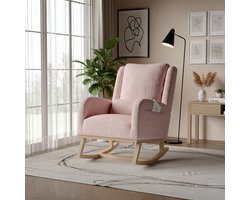 Schommelstoel - Schommelstoelen - schommelstoel babykamer - Relaxstoel babykamer - fauteuil - Voedingsstoel - Verdikte kussens - zijvakken - antislip voetjes van massief hout - Sherpa fleece stof - schommelstoel baby - roze