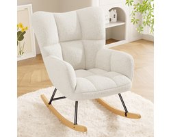Schommelstoel – Teddy Bouclé Fauteuil Schommelstoel, Comfortabele Loungestoel met Houten Onderstel en Metalen Frame, Zachte Pluche Stoel voor Woonkamer, Slaapkamer, Kinderkamer,wit