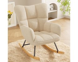 Schommelstoel – Teddy Bouclé Fauteuil Schommelstoel, Comfortabele Loungestoel met Houten Onderstel en Metalen Frame, Zachte Pluche Stoel voor Woonkamer, Slaapkamer, Kinderkamer,beige
