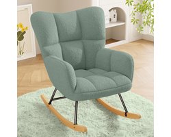 Schommelstoel – Teddy Bouclé Fauteuil Schommelstoel, Comfortabele Loungestoel met Houten Onderstel en Metalen Frame, Zachte Pluche Stoel voor Woonkamer, Slaapkamer, Kinderkamer,lichtgroen