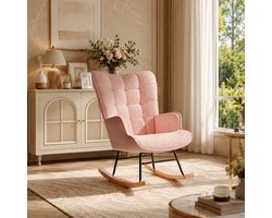 Schommelstoel Teddy Roze - Relaxstoel babykamer Met kussen - Voedingsstoel Met armleuningen en rugleuning - Fauteuil