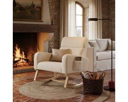 Schommelstoel Teddy Stof Beige - ADFBL - Moderne Relaxstoel voor Babykamer & Woonkamer - Fauteuil Wit met Hoge Rugleuning - Massief Houten Sledes & Zijvakken