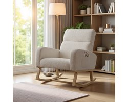 Schommelstoel teddy stof – Beige relaxstoel met zachte bekleding en houten schommelpoten, comfortabele fauteuil voor woonkamer of slaapkamer