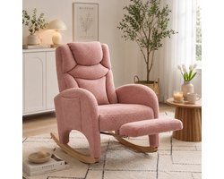 Schommelstoel Teddy Stof - Fauteuil, relaxfauteuil, loungestoel, met armleuningen, rugleuning, voetensteun, metalen frame, massief houten poten, Scandinavische stijl - roze
