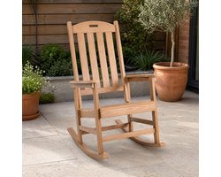 Schommelstoel tuin Adirondack - tuinstoel in teaklook HIPS kunststof houtlook, weerbestendige loungestoel en relaxstoel voor terras, veranda, balkon en patio, met hoge rugleuning, brede armleuningen en outdoor living uitstraling, 70 x 87,5 x 109,5 cm