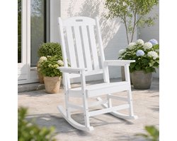 Schommelstoel tuin Adirondack - witte tuinstoel in HIPS kunststof houtlook, weerbestendige loungestoel en relaxstoel voor terras, veranda, balkon en patio, met hoge rugleuning, brede armleuningen en outdoor living uitstraling, 70 x 87,5 x 109,5 cm