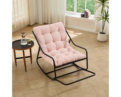 Schommelstoel tuin - ROLIPO - loungestoel / relaxstoel / buitenstoel met dik kussen - zwart stalen frame met **roze** corduroy zitkussen - voor woonkamer, slaapkamer, leeshoek, balkon en terras - 75 x 116 x 82 cm