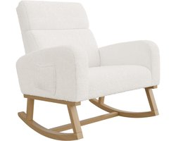 Schommelstoel van pluche stof, Woonkamerfauteuil met zijvakken en massief houten onderstel, Schommelstoel voor kinderen Schommelstoel voor woonkamer, slaapkamer, Wit
