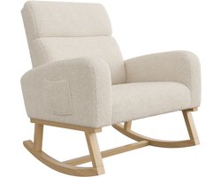 Schommelstoel van pluche stof, Woonkamerfauteuil met zijvakken en massief houten onderstel, Schommelstoel voor kinderen Schommelstoel voor woonkamer, slaapkamer, Beige