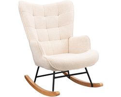 Schommelstoel, Verpleegstoel in pluche stof, Schommelstoel met hoge rug, Massief houten en metalen frame, Beige
