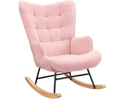Schommelstoel, Verpleegstoel in pluche stof, Schommelstoel met hoge rug, Massief houten en metalen frame, Roze