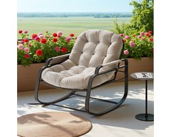 Schommelstoel voor Buiten met Voetsteun – Rotan Tuinstoel Beige met Linnen Bekleding, Opklapbare Voetsteun, Relaxstoel voor Tuin, Balkon en Terras