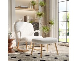 Schommelstoel Wit Pluche – Fluffy Fauteuil met Lange Pluche en Armleuningen, Comfort Stoel voor Woonkamer & Lounge