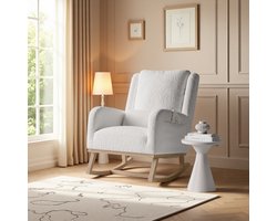 Schommelstoel – Wit Teddy Stof – Comfortabele Fauteuil met Kussen – Opbergvakken aan Beide Zijden – Moderne Relaxstoel voor Woonkamer of Slaapkamer