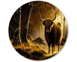 Schotse hooglander in herfstbos - Schotse hooglander wanddecoratie rond - Rond wandpaneel hooglander - Hyperrealisme - Ronde print - Wanddecoratie slaapkamer - Muurcirkel aluminium 40x40 cm