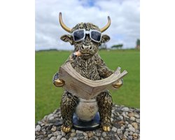 Schotse Hooglander op Toilet Beeld – Grappig Dierenbeeld met Zonnebril & Krant – Polystone Bronslook – H21 x B12 x L14 cm – Humoristische Wc- & Badkamer Decoratie