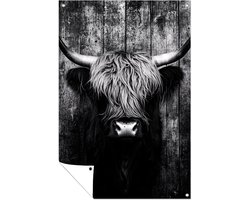 Schotse hooglander voor houten wand - Hooglander poster - Tuinwanddecoratie koe - Zwart wit - Tuinaccessoires - Tuin schilderij - Tuinposter 50x75 cm