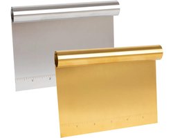Schrapers en uitstekers, deegschrapers van roestvrij staal met schaalverdeling, multifunctionele pizza-, gebak-, cake- en broodsnijder, rechthoekige uitstekers, essentiële keukengereedschappen - 2-pack, zilver en goud.