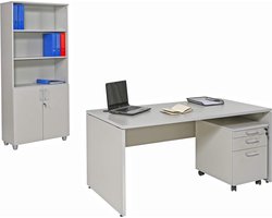 Schreibtisch Set 1 Nuvi, grau Dekor, Bestehend aus: Schreibtisch180 cm, Rollcontainer 3 Schübe & Aktenschrank 190 cm hoch