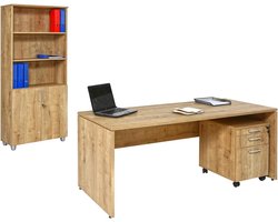 Schreibtisch Set 1 Nuvi, Saphir Eiche Dekor, inkl. Schreibtisch160 cm, Rollcontainer 3 Schübe & Aktenschrank190 cm hoch