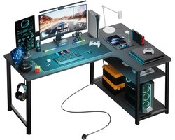 Schrijftafel met plank, hoekbureau met USB-oplaadpoort en stopcontact, 120 cm, computertafel, L-vorm, pc-tafel voor kantoor, thuiskantoor