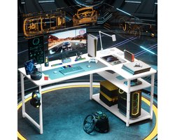 Schrijftafel met plank, hoekbureau met USB-oplaadpoort en stopcontact, 120 cm, computertafel, L-vorm, pc-tafel voor kantoor, thuiskantoor