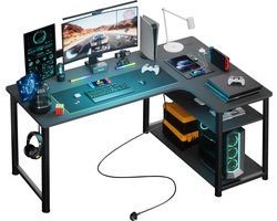 Schrijftafel met plank, hoekbureau met USB-oplaadpoort en stopcontact, 140 cm, computertafel, L-vorm, pc-tafel voor kantoor, thuiskantoor.