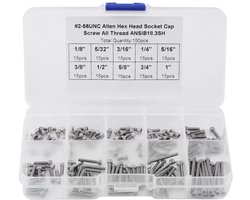 Schroeven, 150 stuks #2-56 UNC Draad 9 Lengte (1/8"/5/32" 3/16"/1/4"/5/16"/3/8"/1/2"/5/8 "/3/4"/1") Metalen Inbusbouten Bouten Moeren Assortimentsset met Opbergdoos