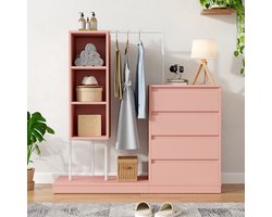 Schubladenschrank 140×40×135cm Roze | 4 Schubladen + 3 Open Vakken + Kleiderstange | Particle Board