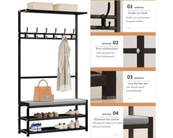 Schuhschrank mit Garderobe und Bank 2-stöckig Metall Industrie Design 80x30x170 cm verstellbar mit Haken und Ablage