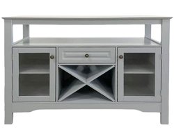 Schuifdeur wijnkast Dressoir, opbergkast, bijzetkast, servieskast met 1 open vak, 2 glazen deuren, 1 lade en een wijnrek, multifunctionele, praktische en grote opbergruimte, geschikt voor keuken, woonkamer en slaapkamer, 116×40×82 cm, grijs.