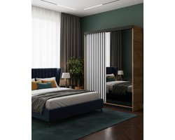 Schuifdeurkast 138 cm met Spiegel – Luxe Garderobekast Eiken Ambacht Goud & Wit – Ruime Kledingkast voor Woonkamer en Slaapkamer – Modern Design – Novihome