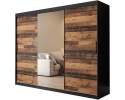 Schuifdeurkast 250 x 200 x 62 cm – Mat Zwart & Old Style – 2 Schuifdeuren met Spiegel – Moderne Kledingkast Slaapkamer – Opbergkast met Inlegbodem – Industrieel Design – Old Style Black – Abkantoor