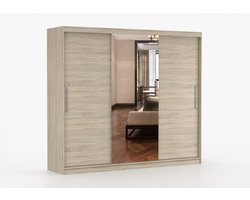 Schuifdeurkast ELBA I met Spiegel – 3-deurs kledingkast, legplanken en kledingroede – modern design – 250x218x61 cm - ELBA I (Sonoma)