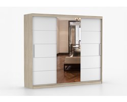Schuifdeurkast ELBA I met Spiegel – 3-deurs kledingkast, legplanken en kledingroede – modern design – 250x218x61 cm - ELBA I (Sonoma + Wit)
